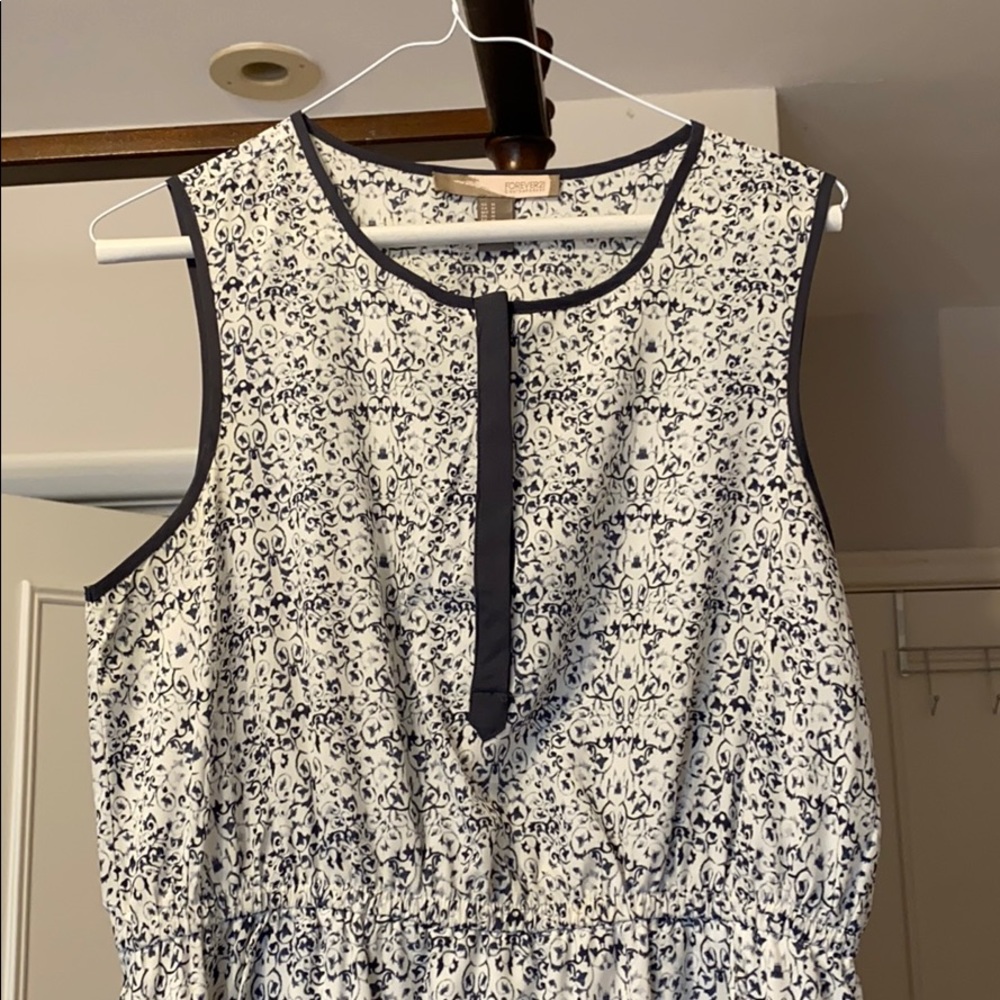 Blue and white work dress high-neck